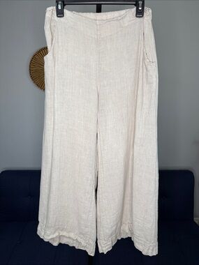 Saga Italian Oatmeal Cream 100% Linen wide leg Lagenlook Coastal pants Med Large